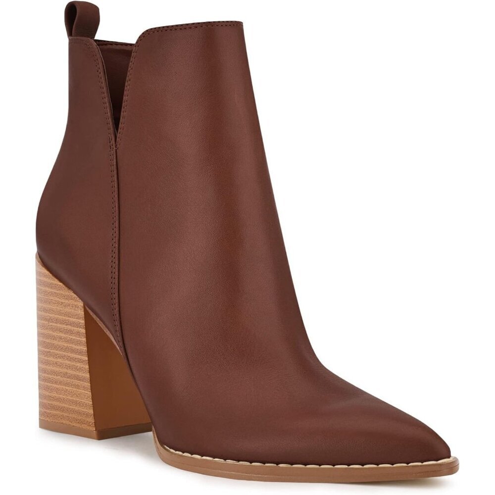 Women's Brown V Cut Ankle Pointed Toe Stacked Chunky Heel Side Zipper Booties